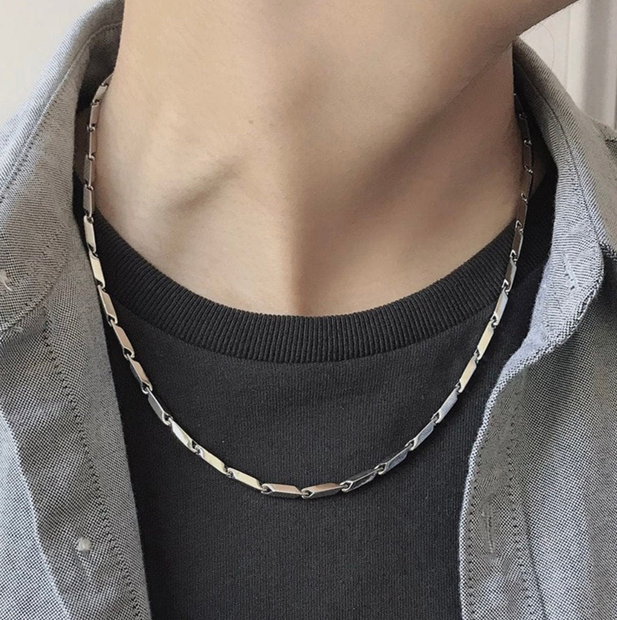 Waterproof Silver Square Bar Chain Necklace for Men Heavy Stainless Steel for Boys Jewelry Girls Jewellery