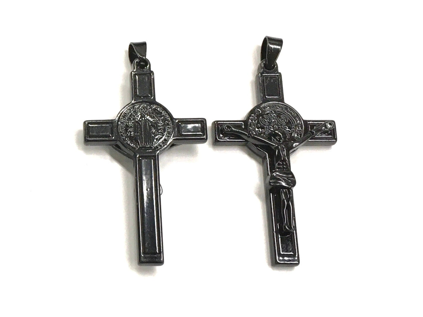All Black Saint Benedict Crucifix Medal Cross Catholic Light Weight Chain Necklace for Men Black Religious San Benito Jesus
