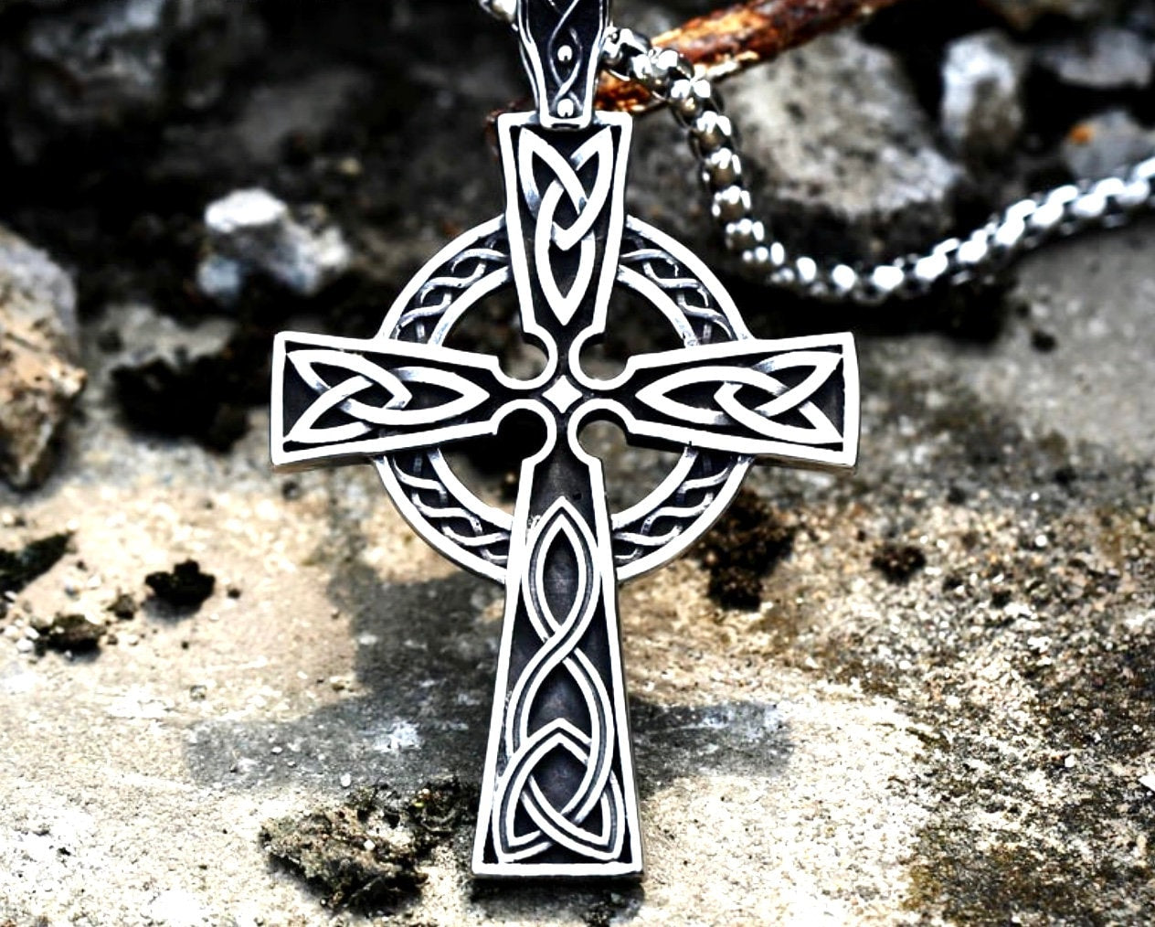 Silver Cross Necklace Celtic Irish Knot Crucifix All Stainless Steel Waterproof Hypoallergenic Cross Vintage Viking Smooth Box Chain Jewelry