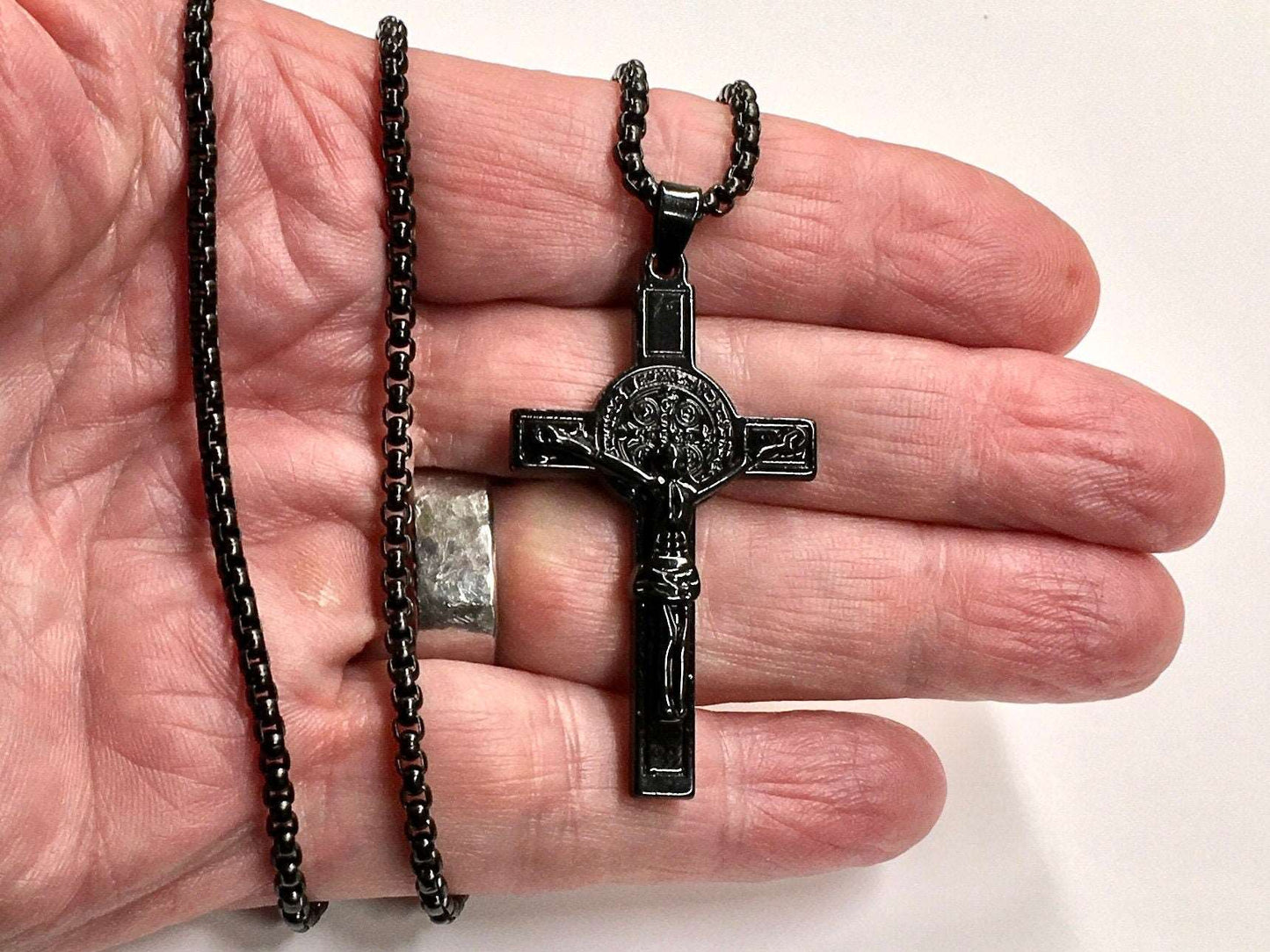 All Black Saint Benedict Crucifix Medal Cross Catholic Light Weight Chain Necklace for Men Black Religious San Benito Jesus