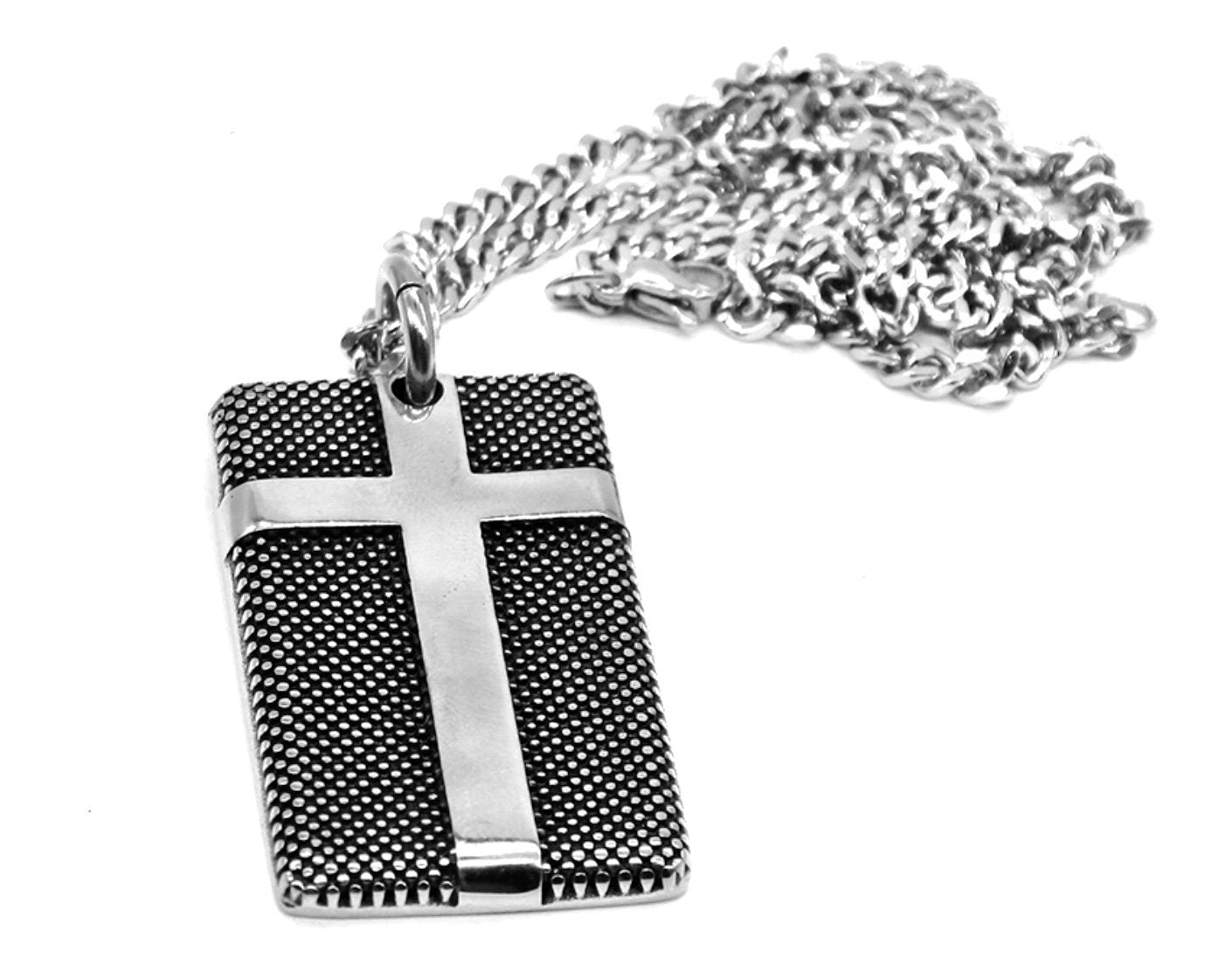 Solid stainless steel cross dog tag necklace knurled engraved detail biker heavy keel chain for men waterproof jewelry
