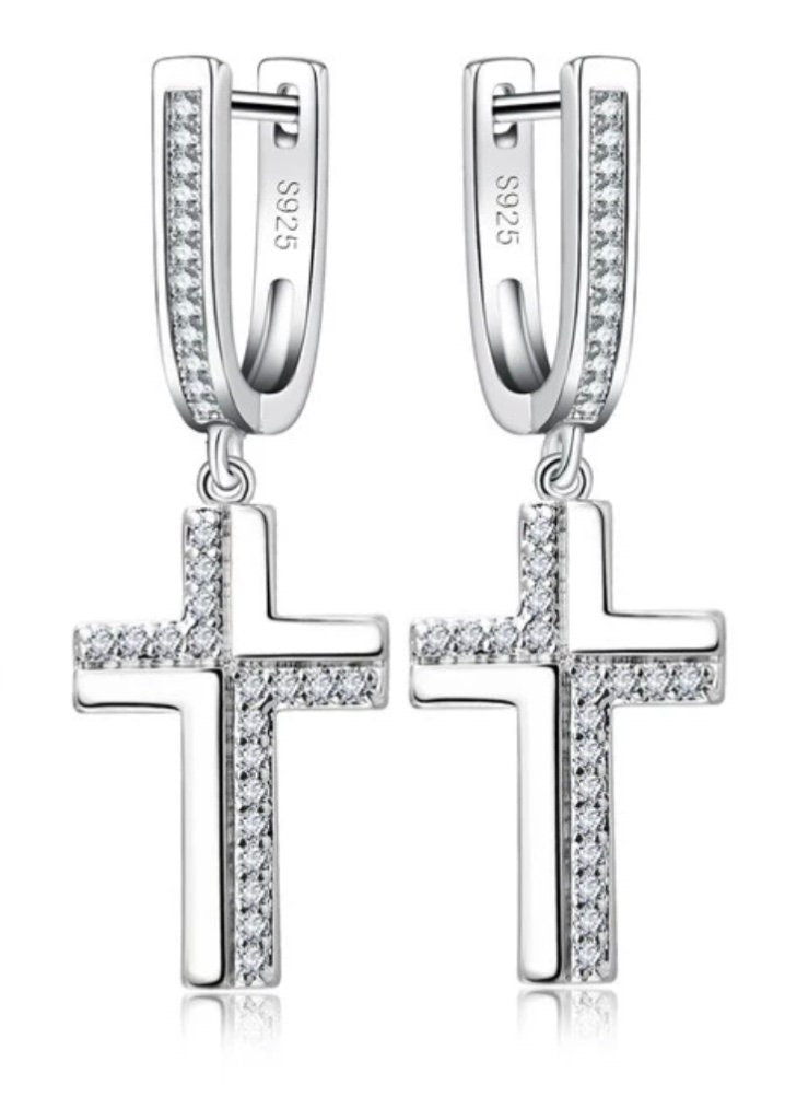 Set - sterling silver cross earrings and necklace with zircons S925 pendant for women jewelry link chain jewellery for girls