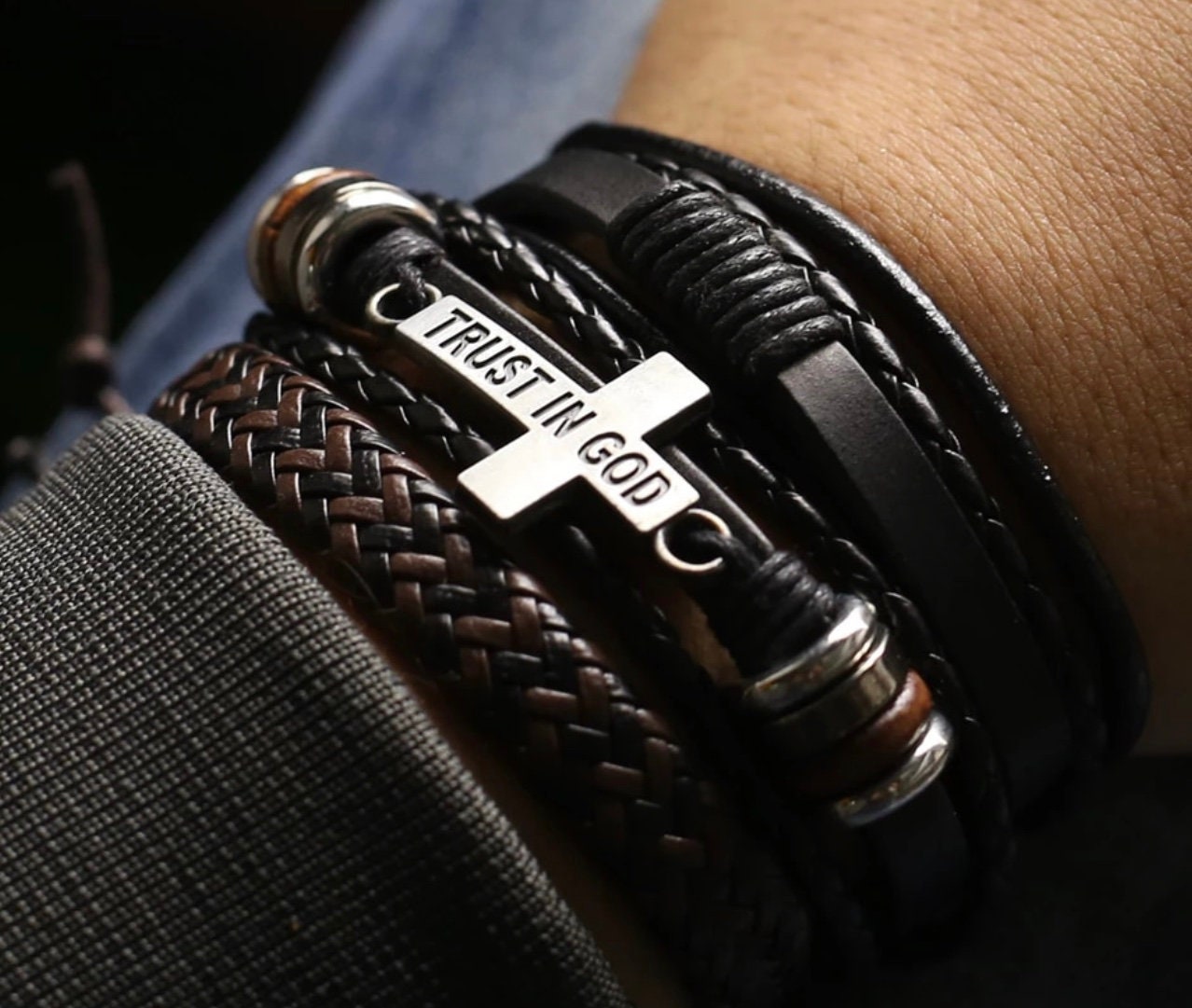 Trust In God Bracelet Leather 3 Wrap Cross Men and Women Cuff Silver Cross Bangle Heavy Design Christian Jewelry Jewellery