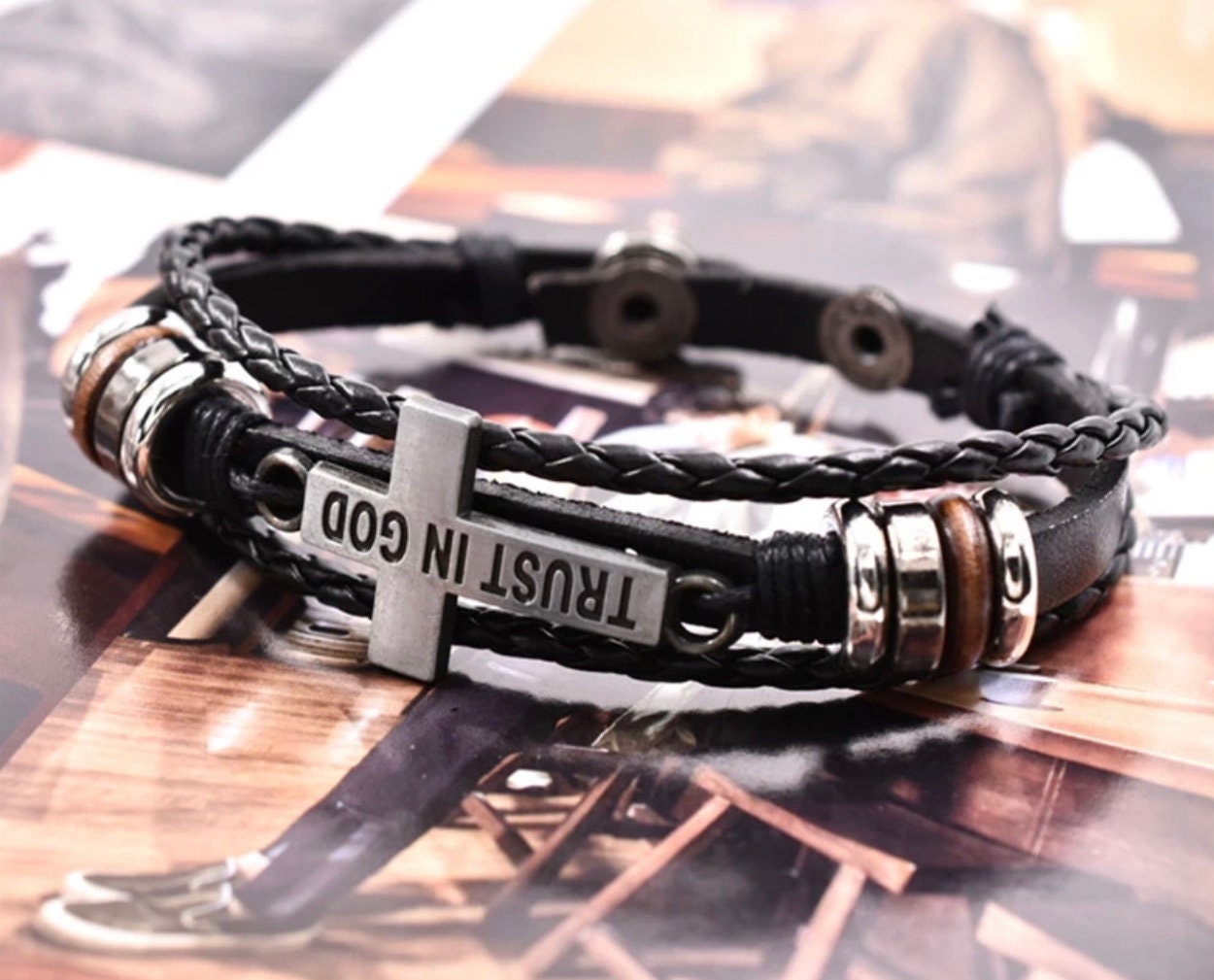 Trust In God Bracelet Leather 3 Wrap Cross Men and Women Cuff Silver Cross Bangle Heavy Design Christian Jewelry Jewellery