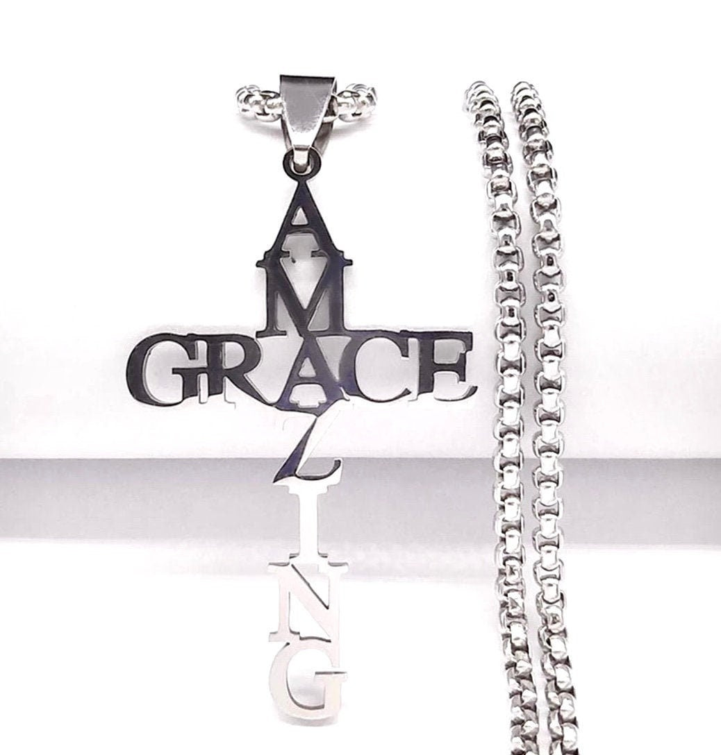 Set - Amazing Grace Cross Necklace Earrings for Men or Women Silver Pendant Jesus Hope Waterproof Hypoallergenic Stainless Steel Ephesians 2:8'9