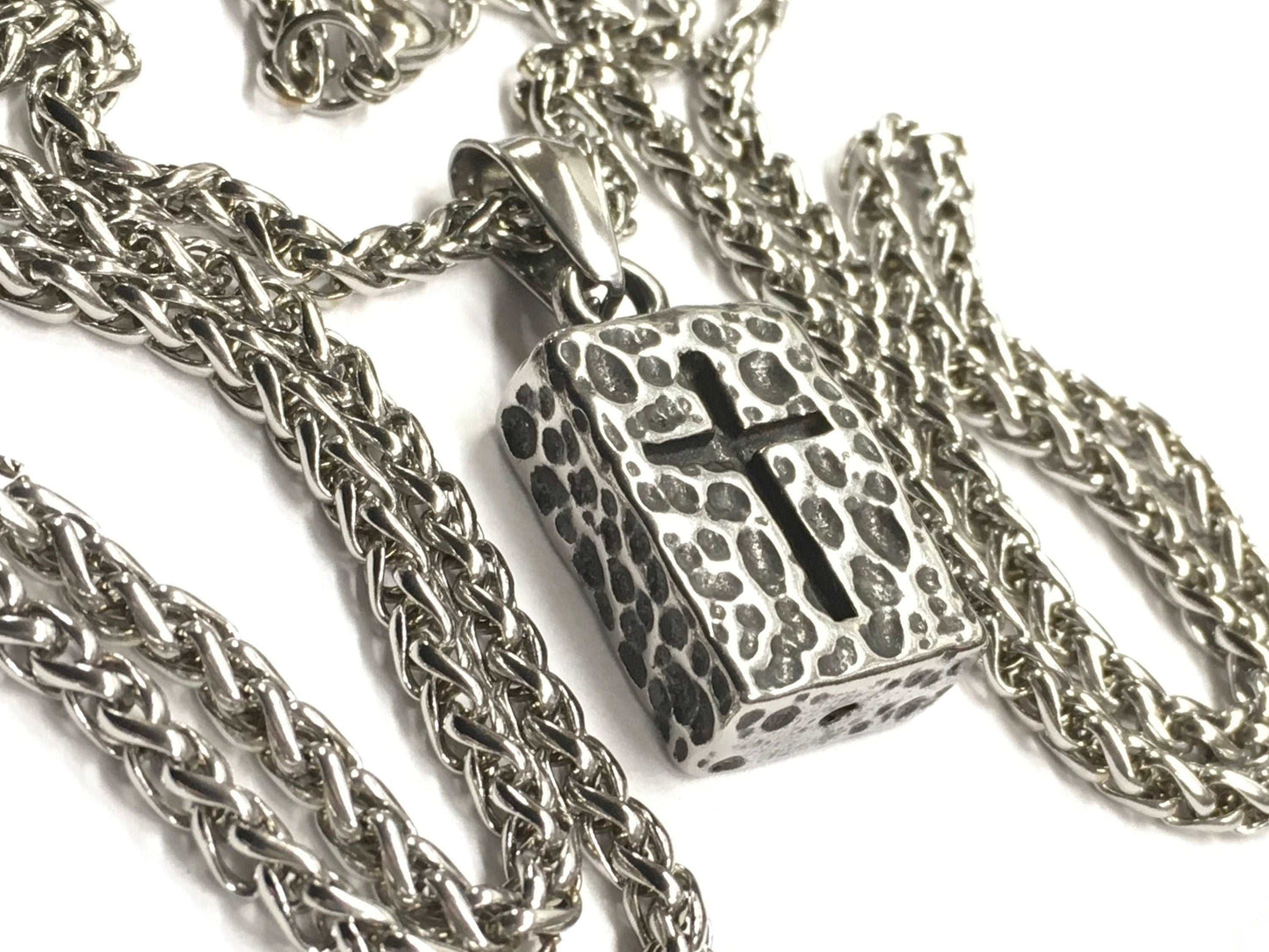 Hammered rectangle medallion cross viking crucifix cornerstone ancient brick weathered for man waterproof stainless biker