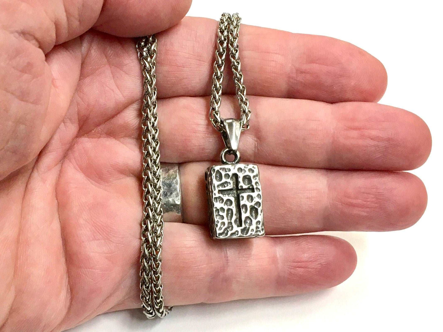Hammered rectangle medallion cross viking crucifix cornerstone ancient brick weathered for man waterproof stainless biker