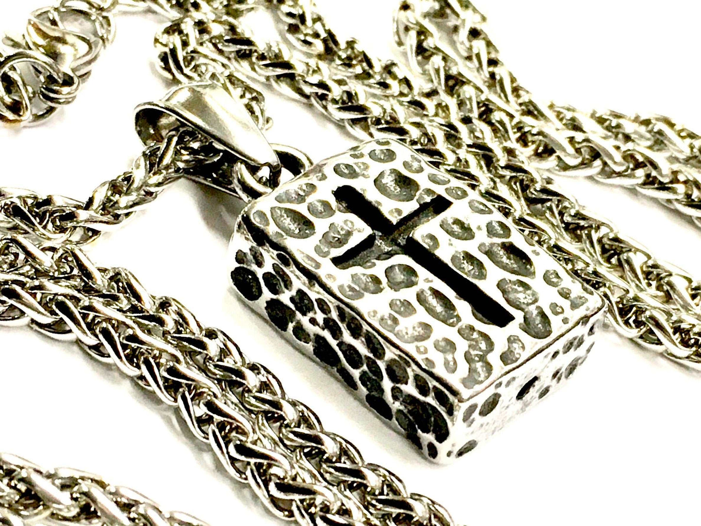 Hammered rectangle medallion cross viking crucifix cornerstone ancient brick weathered for man waterproof stainless biker