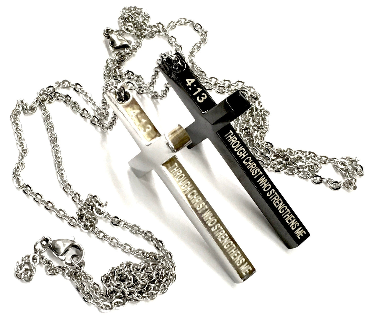 Waterproof Black Silver Cross Necklaces for Men Philippians 4:13 I can do all things through Christ who strengthens me Stainless Steel