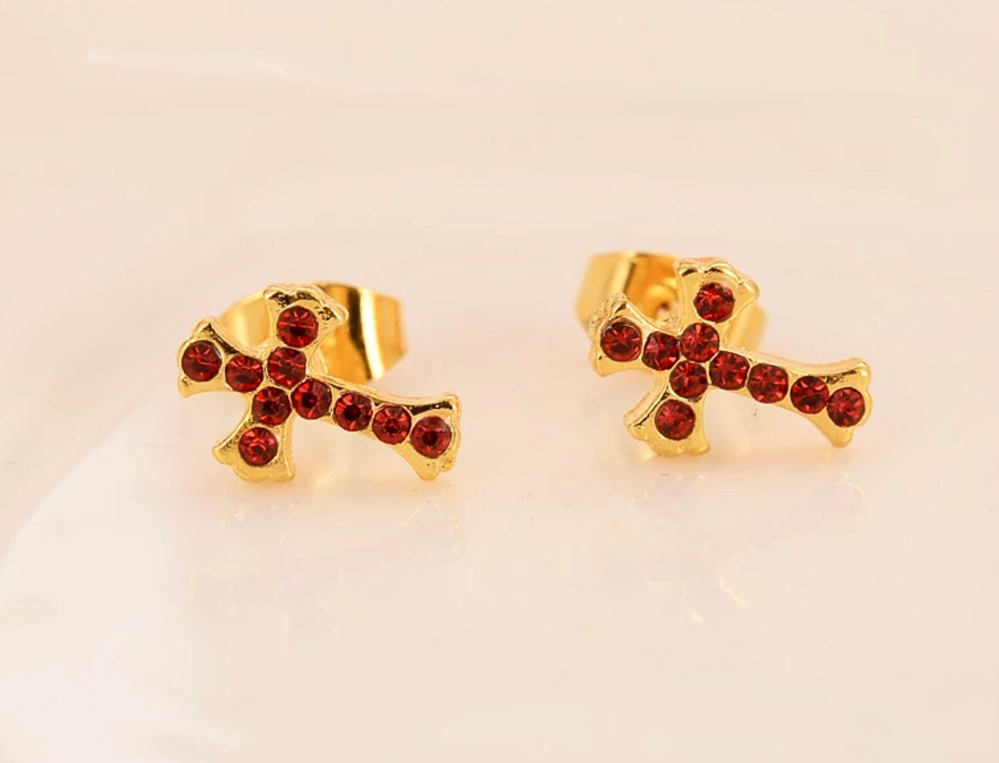 Gold Cross Earrings with Red Colored CZ for Women Weddings Bridesmaid