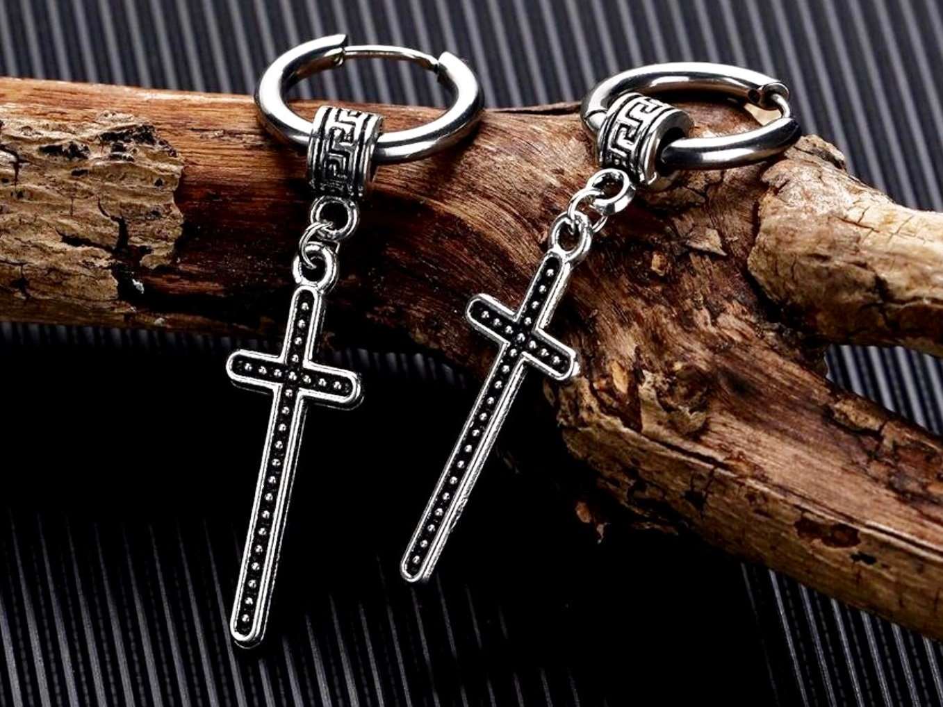 Long Viking Cross Earrings with Celtic Irish Design and Hoop Closure Crucifix Boho bohemian style Jesus Cross EarringsJewelry