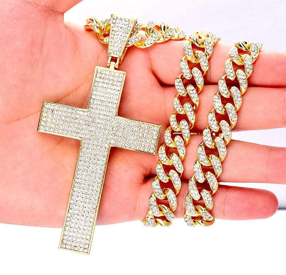 Large Iced Out Crucifix Cross and Swag Bling Chain Necklace for Men Silver Gold Iced Out Rapper CZ Heavy Thick Curb Chain Jewelry Jewellery
