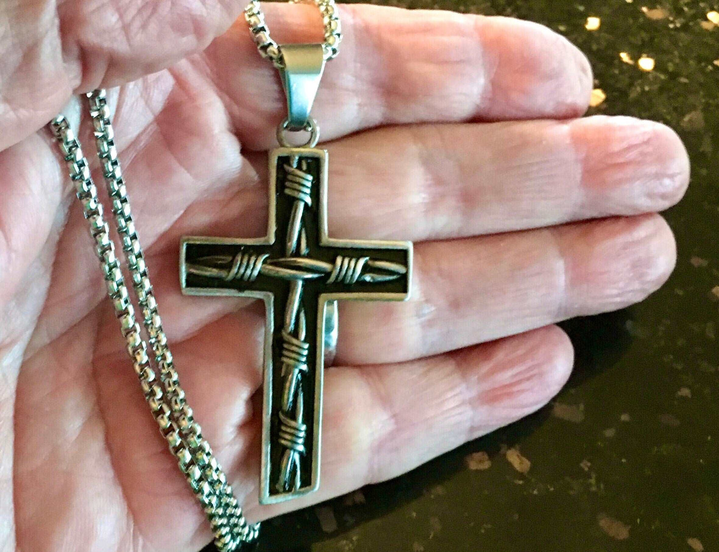 3D barbed wire crucifix cross catholic orthodox waterproof stainless steel box chain necklace for men gold black hip hop jesus