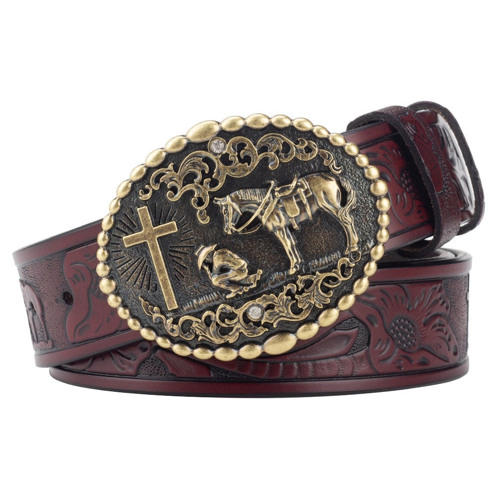 Western Cowboy Cross and Tooled Horse Belt and Buckle crucifix silver gold Black cross suit tie Cord Square Dance Western wear Jesus