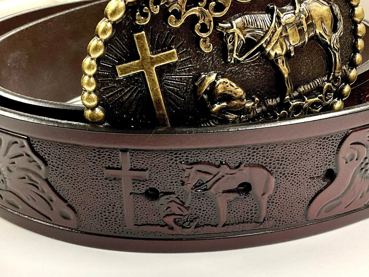 Western Cowboy Cross and Tooled Horse Belt and Buckle crucifix silver gold Black cross suit tie Cord Square Dance Western wear Jesus