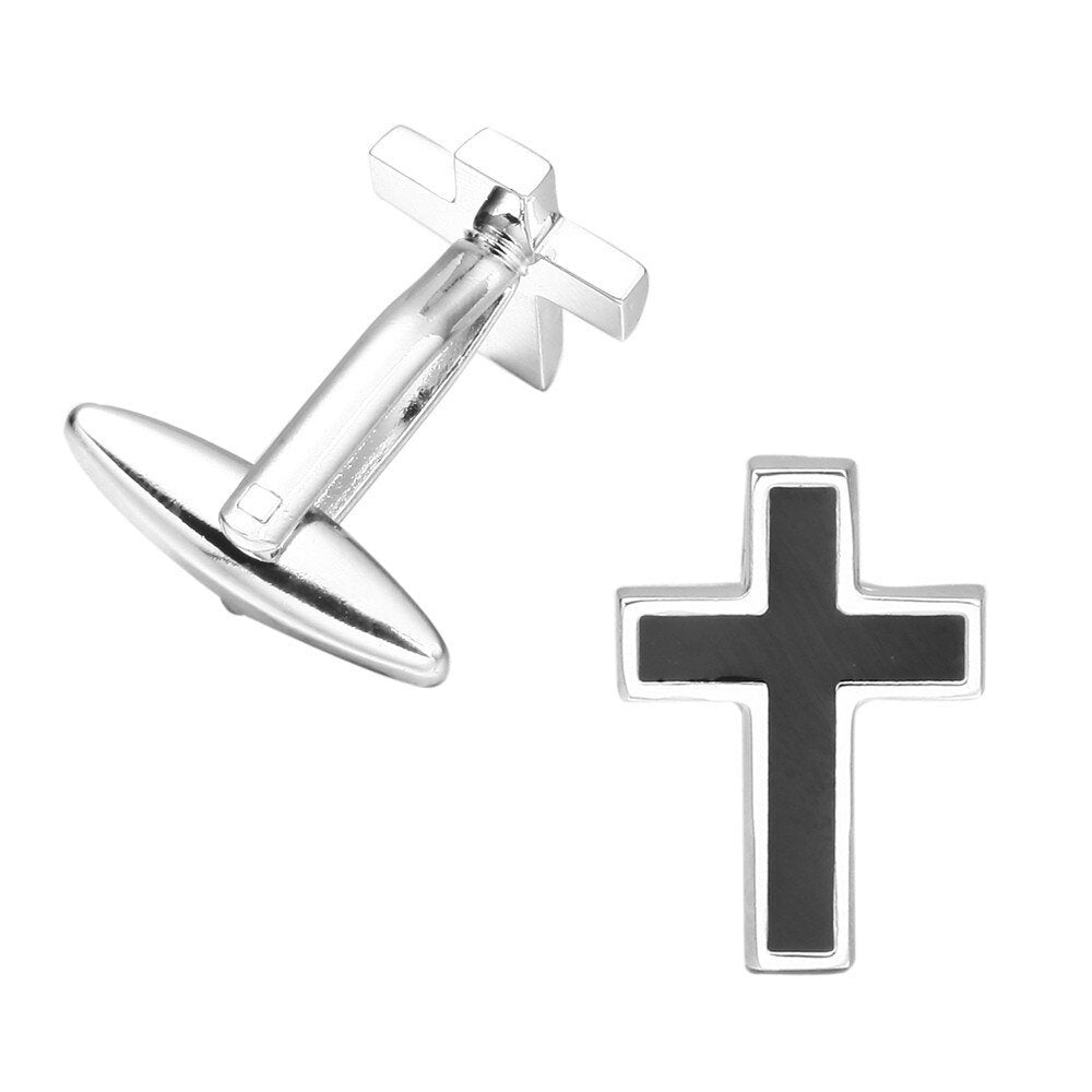 Set - Cross Tie Tack Clip Cuff Links Black and Silver Wedding Tuxedo Suit and Tie crucifix cross Jesus