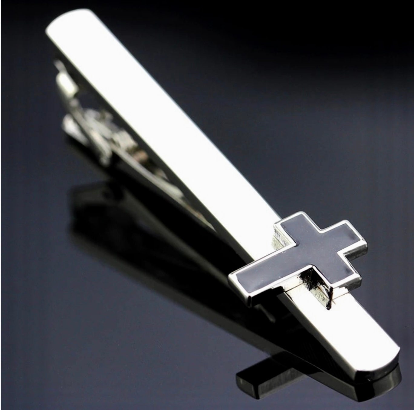 Set - Cross Tie Tack Clip Cuff Links Black and Silver Wedding Tuxedo Suit and Tie crucifix cross Jesus