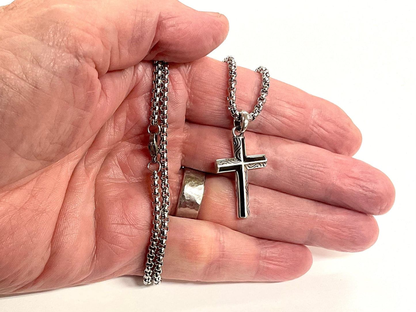 Solid Sterling Silver Cross Black Accent Stainless Steel Necklace for Men Old World Silver S925 Necklace Cross 2 Color Super Box Chain Jesus
