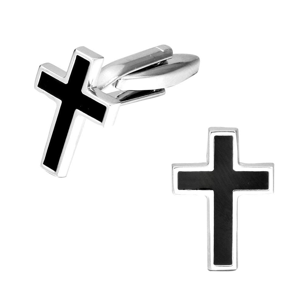Set - Cross Tie Tack Clip Cuff Links Black and Silver Wedding Tuxedo Suit and Tie crucifix cross Jesus