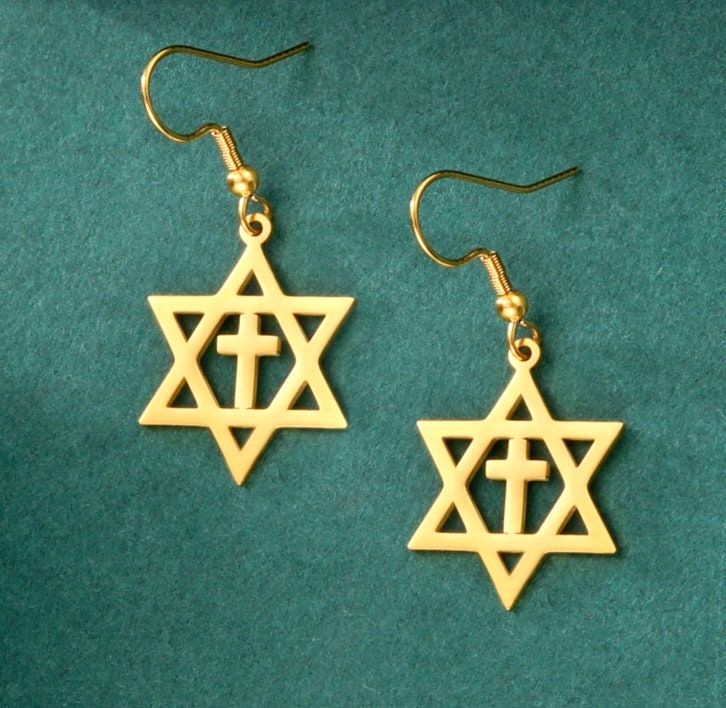 SET - Messianic Star of David Cross Earrings and Necklace Silver Gold Colors Crucifix Necklace Men Women Stainless Steel Jesus