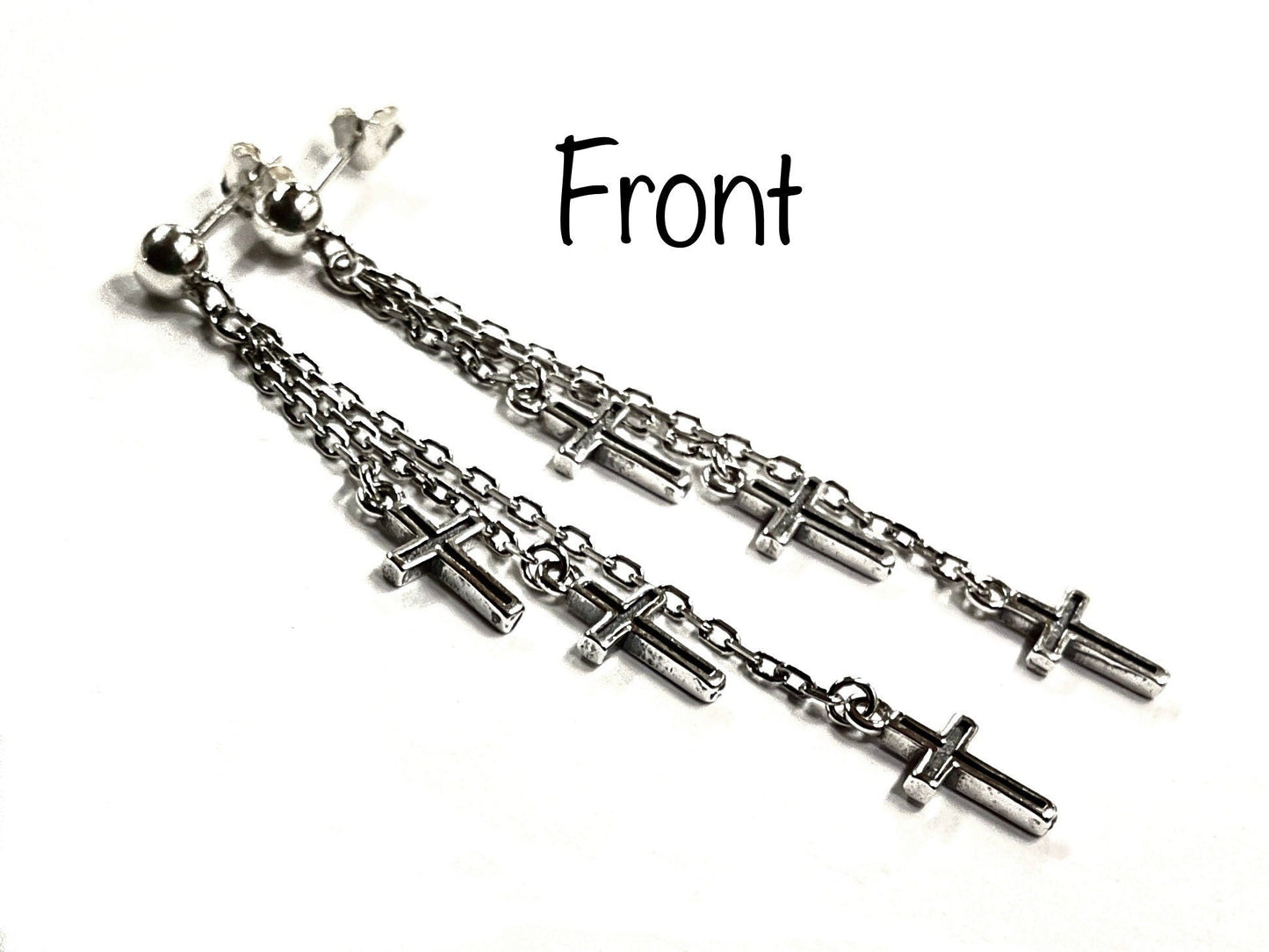 3 chain solid sterling silver cross dangle earrings wedding jewelry S925 studs 3 strands antiqued boho simple cross of jesus crucifix