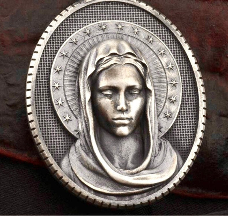 Gorgeous Mary Madonna halo nimbus Necklace Full Facial Profile Catholic Holy Mary Mother of God All Tin Antiqued Waterproof