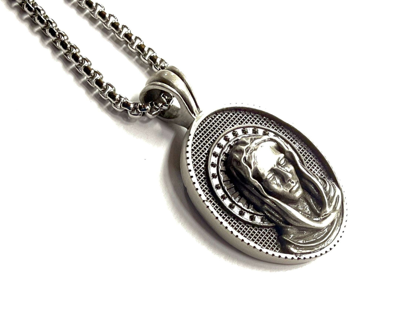 Gorgeous Mary Madonna halo nimbus Necklace Full Facial Profile Catholic Holy Mary Mother of God All Tin Antiqued Waterproof