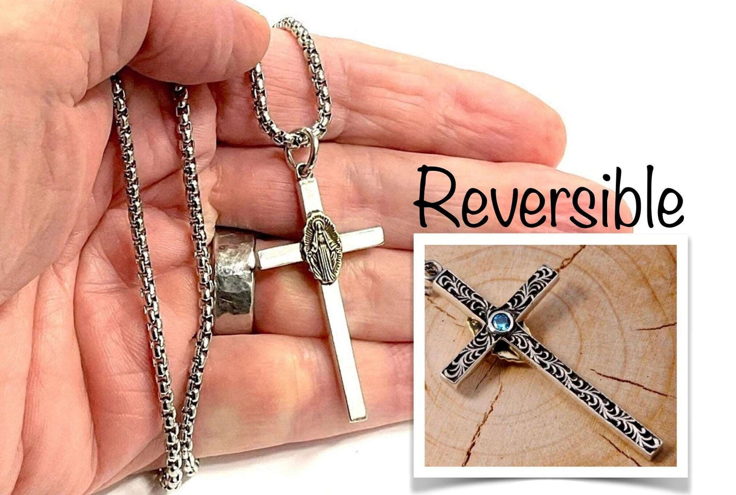 Two Sided Mary Madonna AquaMarine Stone Cross Necklace Filigreed S925 Solid Sterling Silver