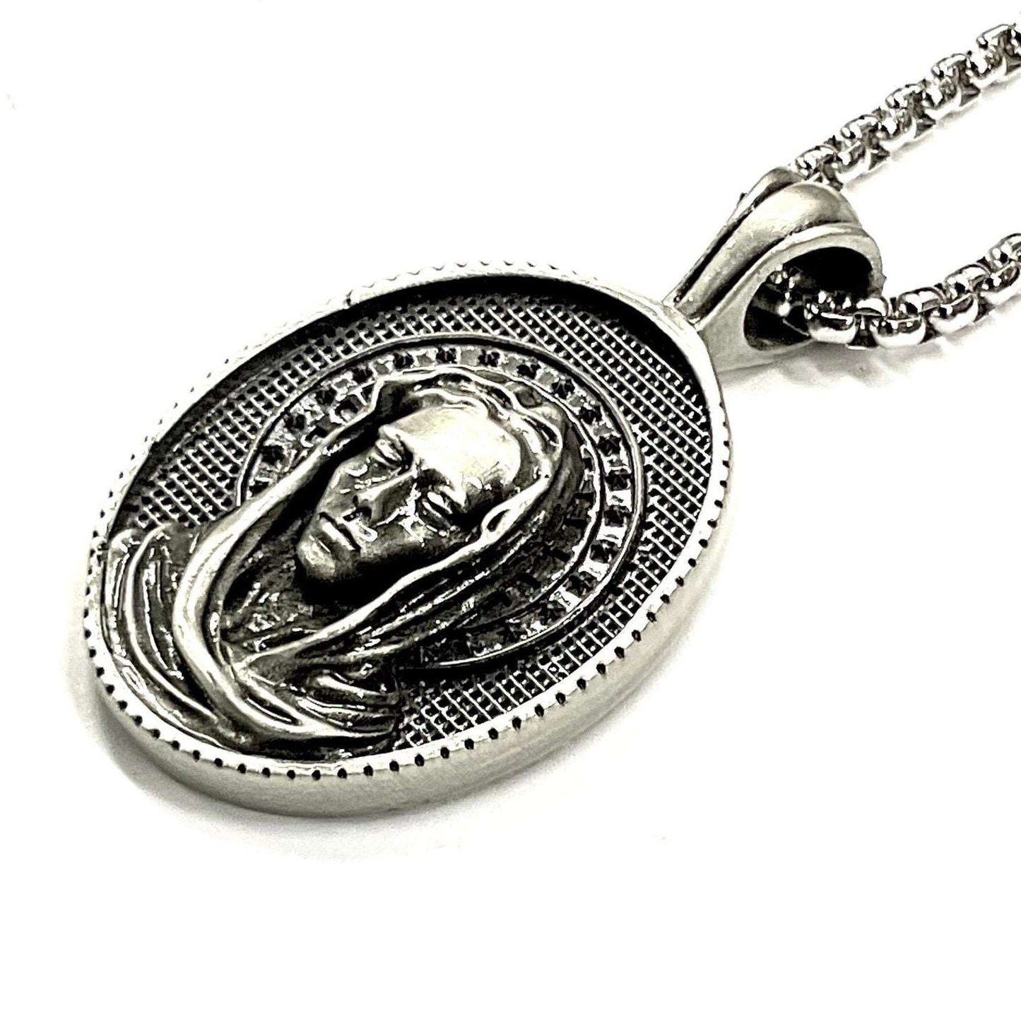 Gorgeous Mary Madonna halo nimbus Necklace Full Facial Profile Catholic Holy Mary Mother of God All Tin Antiqued Waterproof