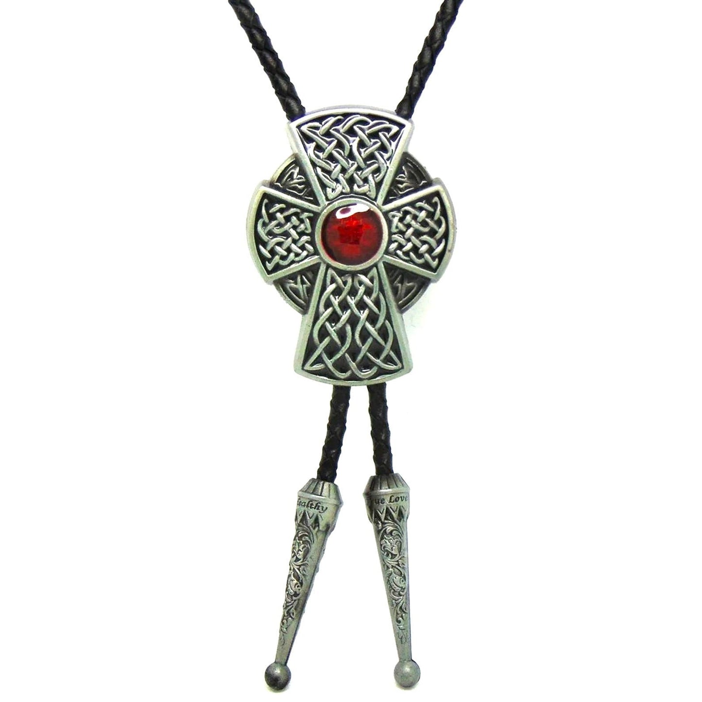 Celtic cross bolo western cowboy crucifix red green stone necklace silver black draw string suit tie cord square dance western wear belt