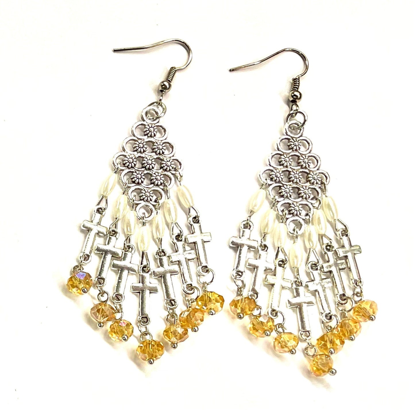 Silver 7 Cross Earrings Pearl and Dark Yellow Glass Iridescent Dichromatic Bohemian Boho Tassel Cross Dangle Hippie Woman Girls Drop Jewelry
