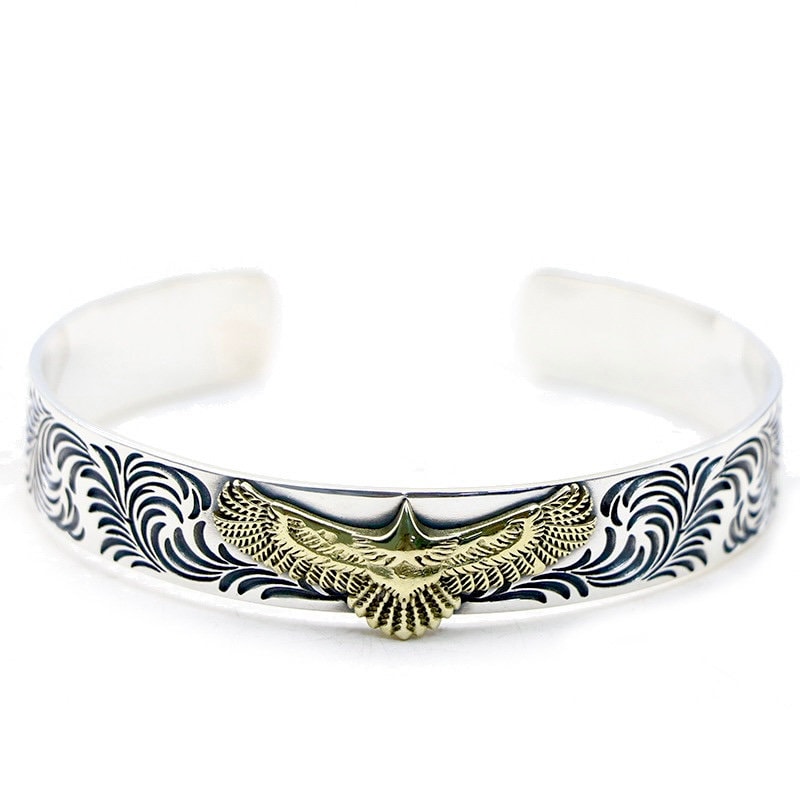Silver Eagle Biker Bracelet with Gold Trim Western Spirit Light Weight Raised American Eagle Bird for Men Bangle Cuff Heavy Jewelry