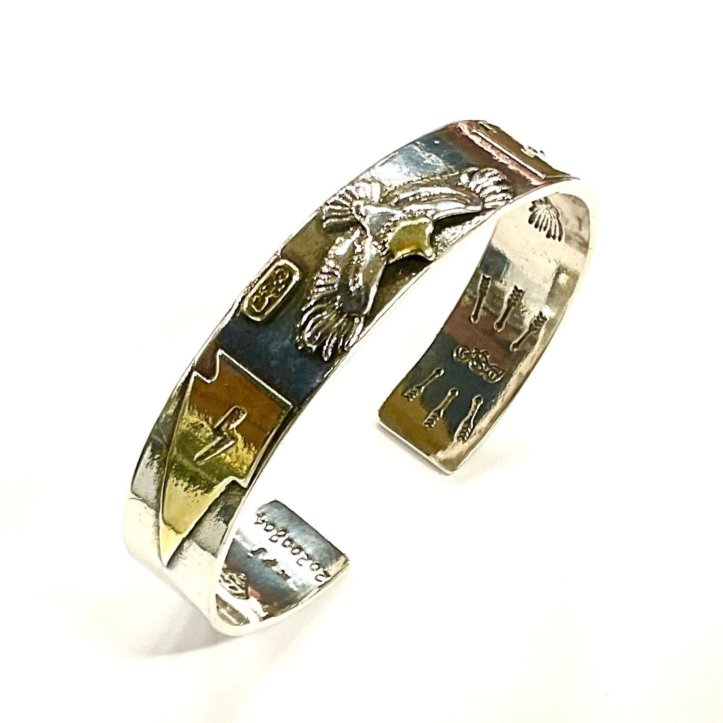 Mens Silver Eagle Biker Bracelet with Gold Trim Western Spirit Cast Raised American Eagle Bird for Men Bangle Cuff Heavy Jewelry