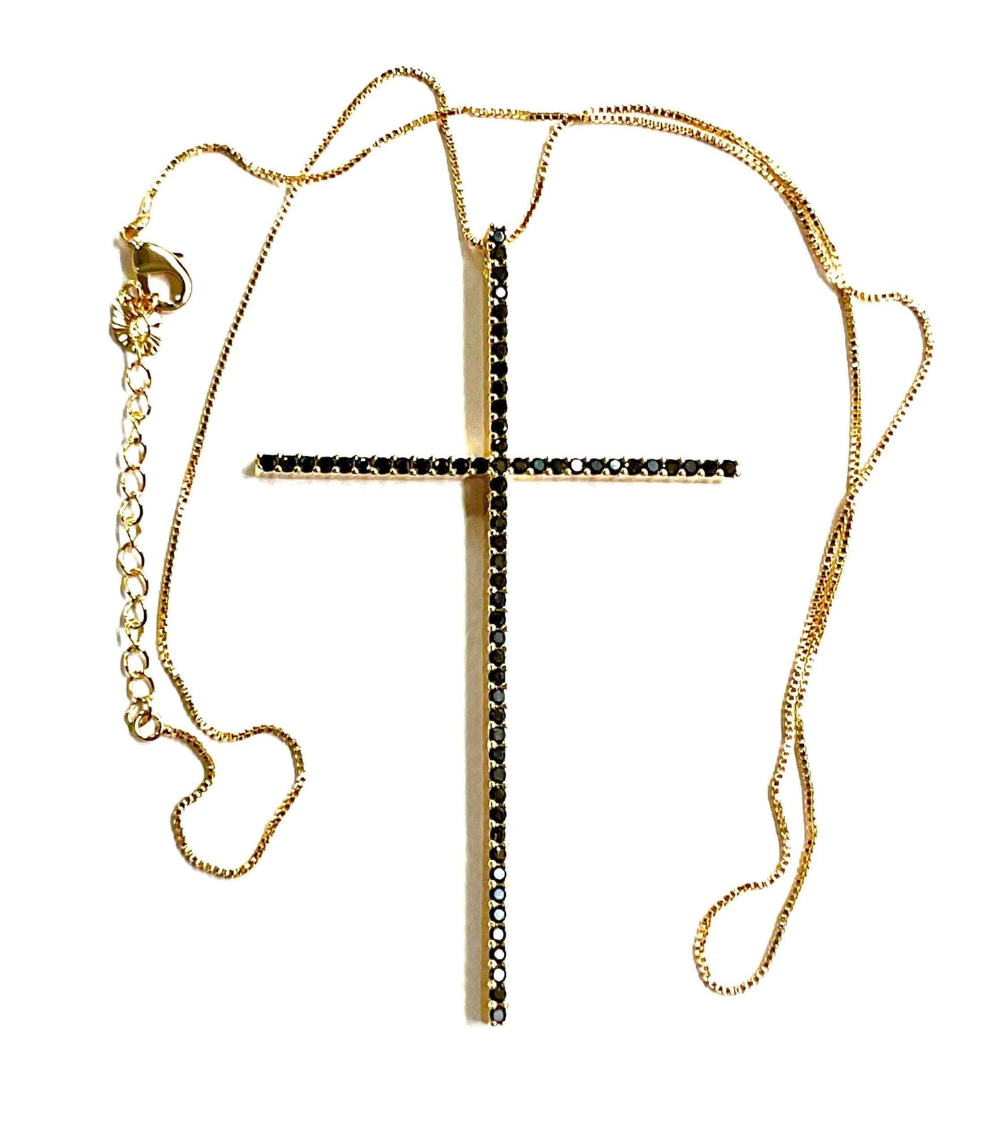 Large black bling crucifix cross necklace gold with black CZ zircon thin design with box chain jewelry jewellery cross of jesus
