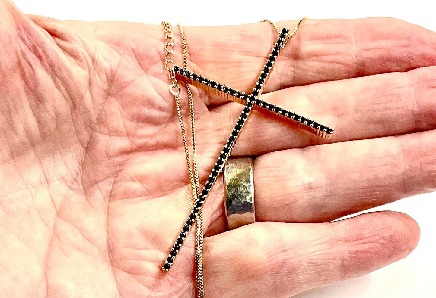Large black bling crucifix cross necklace gold with black CZ zircon thin design with box chain jewelry jewellery cross of jesus