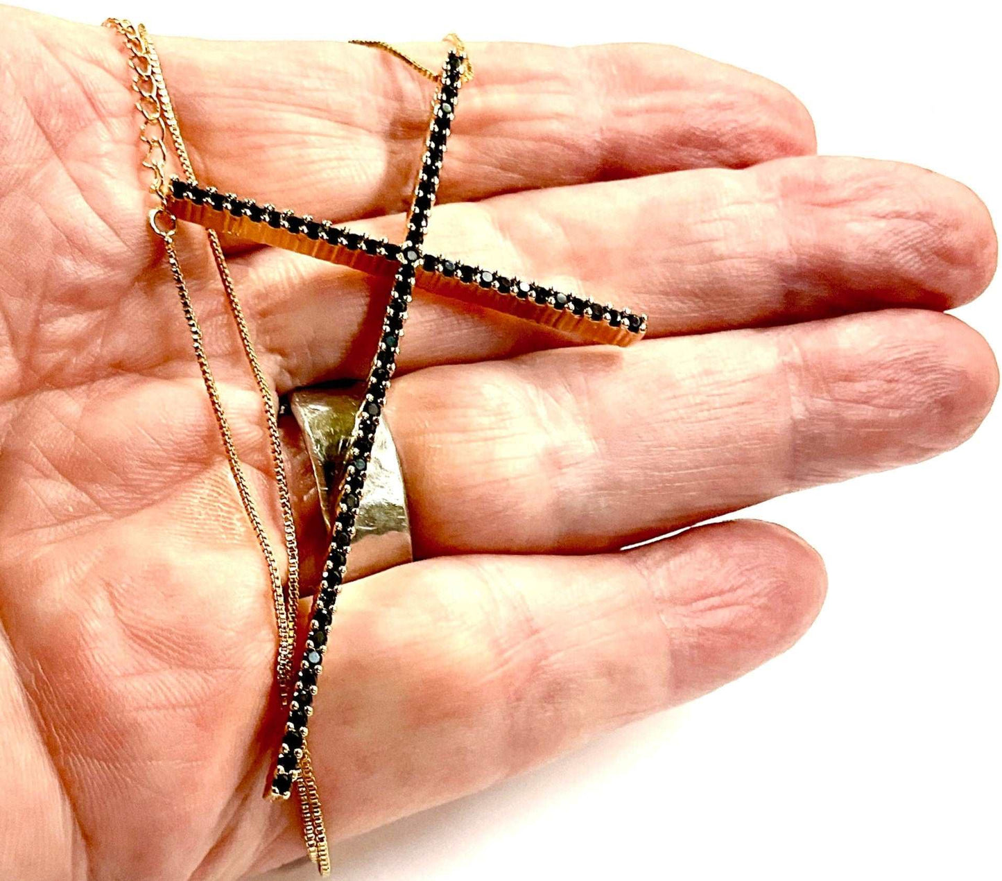 Large black bling crucifix cross necklace gold with black CZ zircon thin design with box chain jewelry jewellery cross of jesus