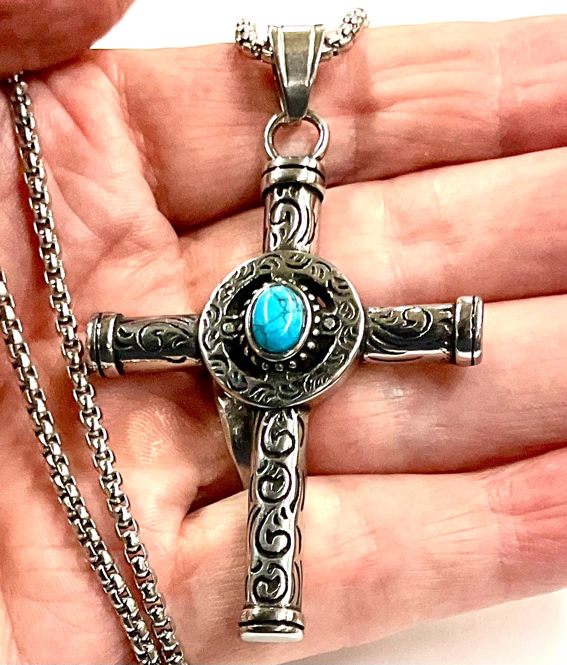 Turquoise Cross Celtic Sun Crucifix Catholic Waterproof All Stainless Steel Hypoallergenic Cross and Chain Necklace for Men hip hop Jesus