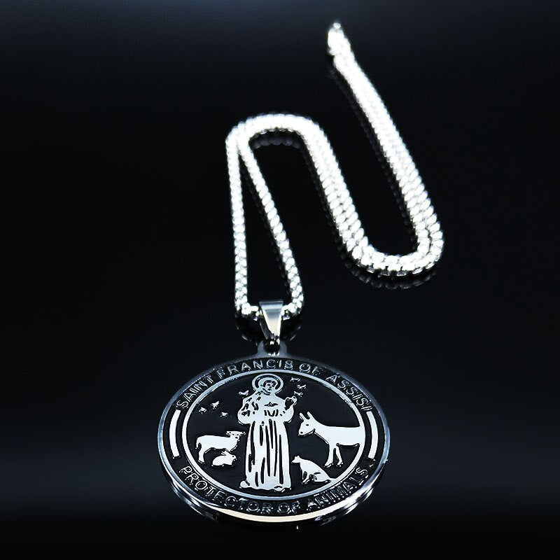Saint Francis of Assisi Medal Protector of animals environment Black Enamel Stainless Steel Pendants Patron Saint Police Officers Soldiers