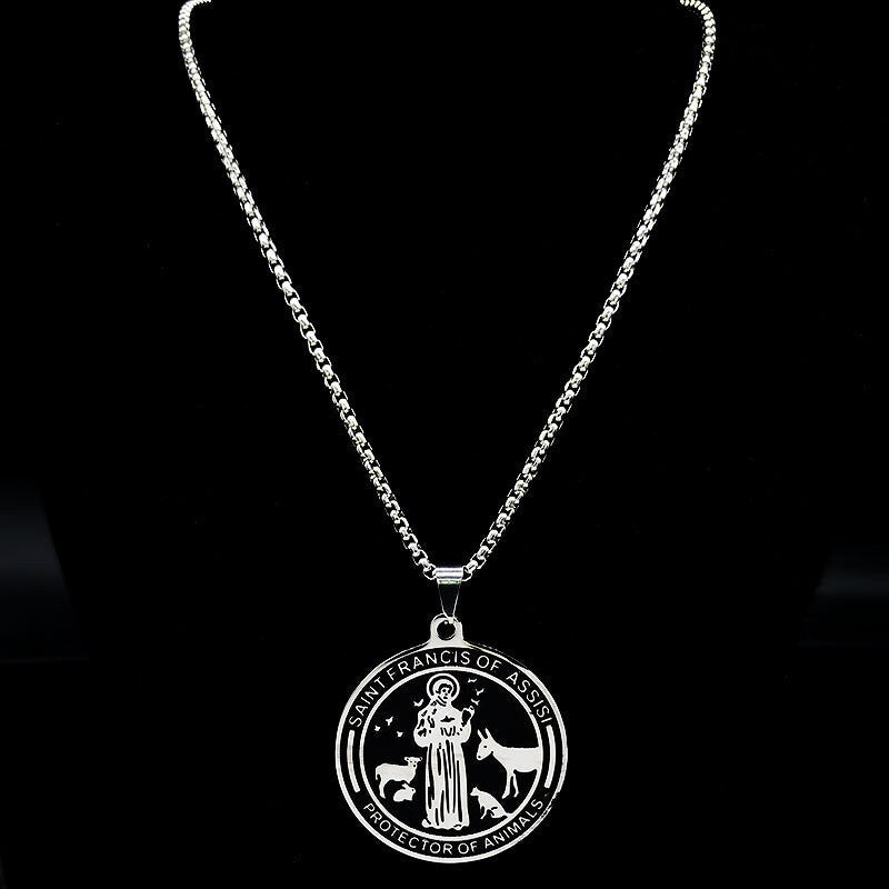 Saint Francis of Assisi Medal Protector of animals environment Black Enamel Stainless Steel Pendants Patron Saint Police Officers Soldiers