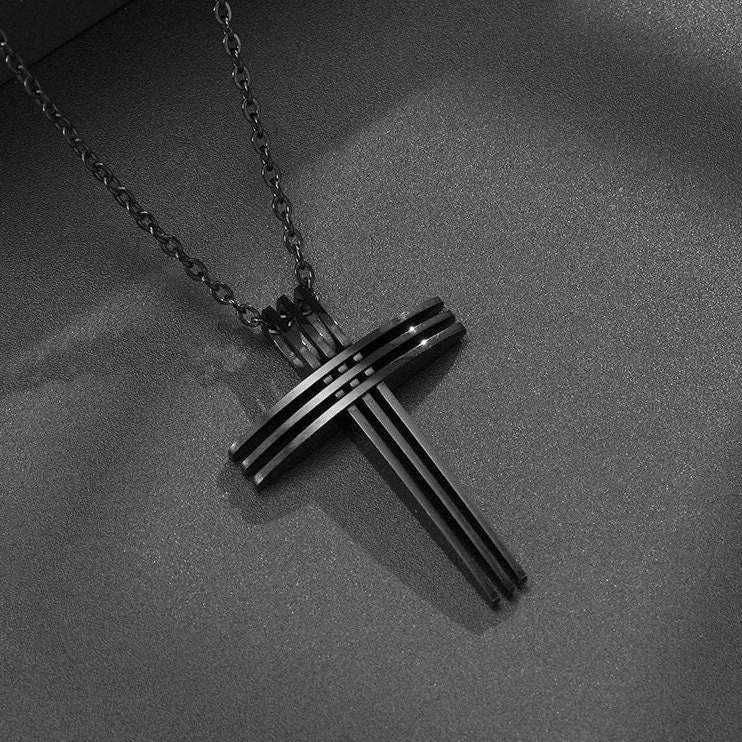 All Black 3 Bar cross necklace waterproof triple layer light weight stainless steel chain