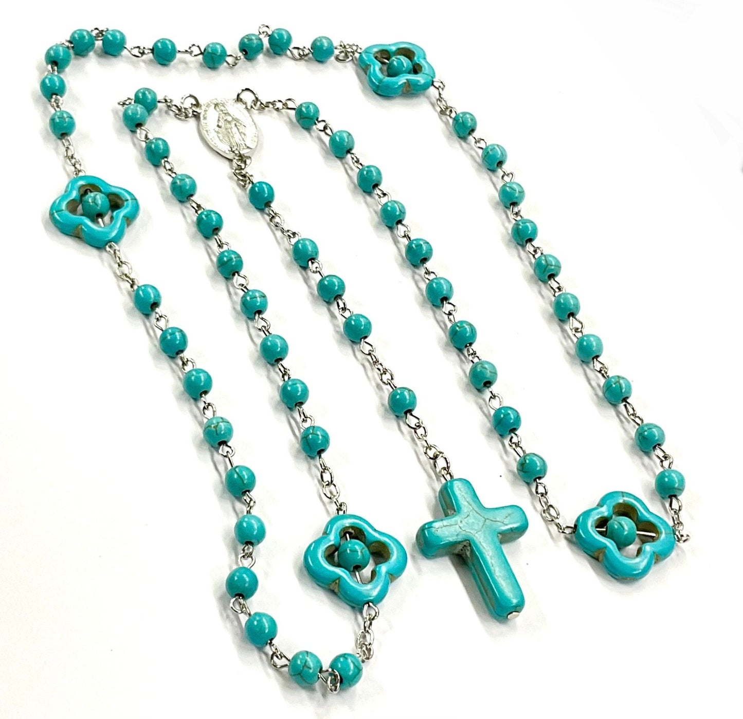 Rosary Natural Stone Crucifix Necklace Catholic 5 Decade Turquoise Prayer Beads Virgin Mary Pendant Orthodox Catholic Cross Round Beaded