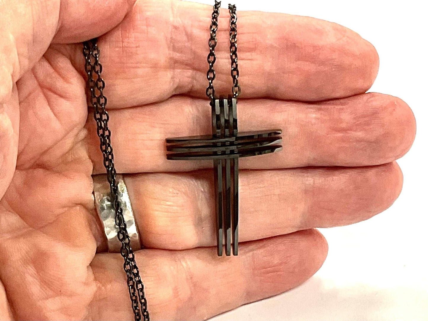 All Black 3 Bar cross necklace waterproof triple layer light weight stainless steel chain