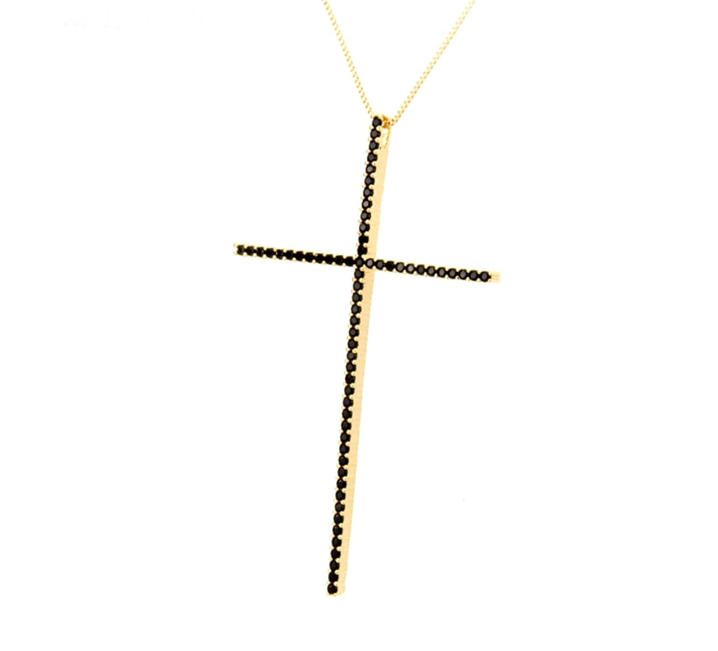 Large black bling crucifix cross necklace gold with black CZ zircon thin design with box chain jewelry jewellery cross of jesus