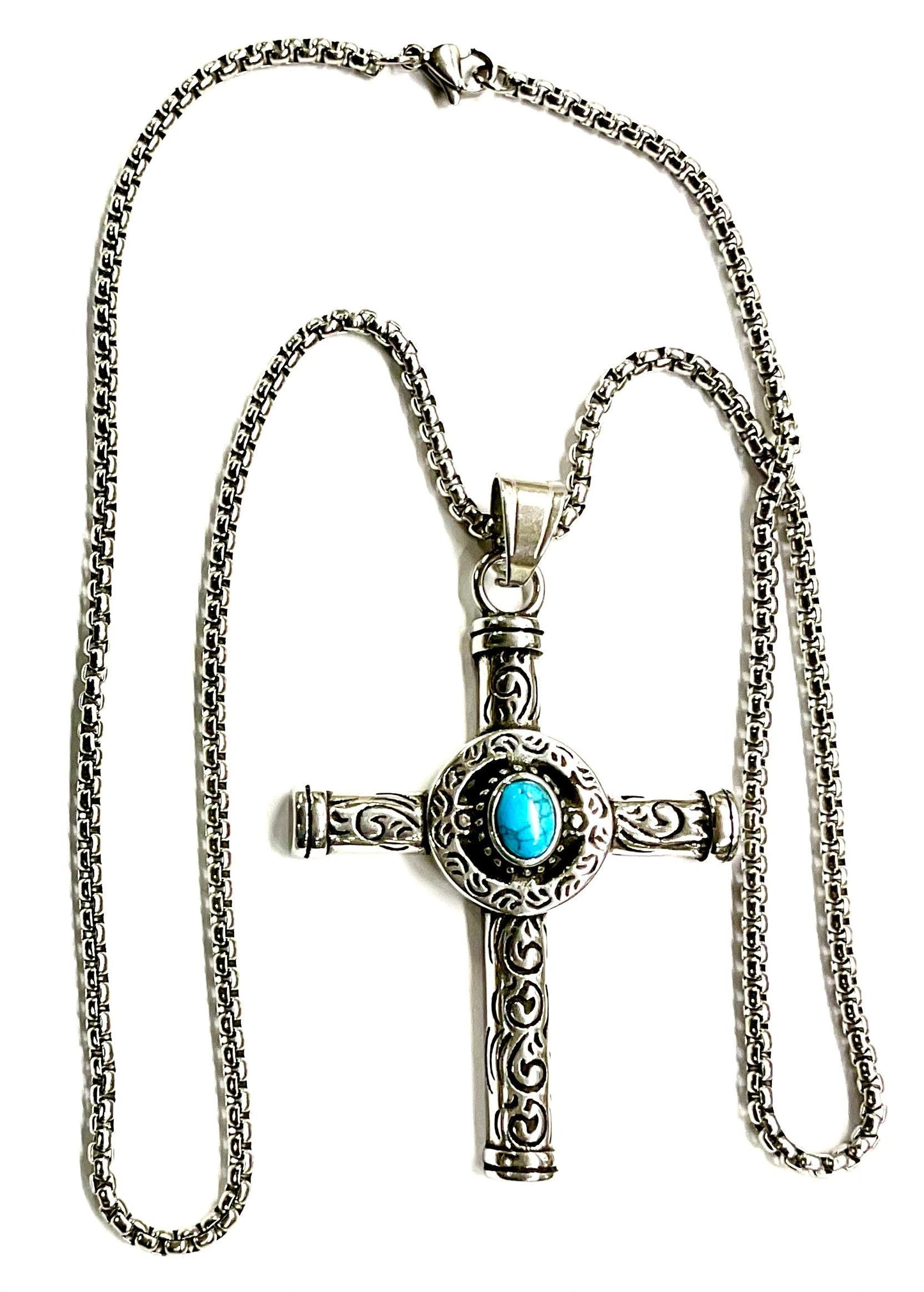 Turquoise Cross Celtic Sun Crucifix Catholic Waterproof All Stainless Steel Hypoallergenic Cross and Chain Necklace for Men hip hop Jesus