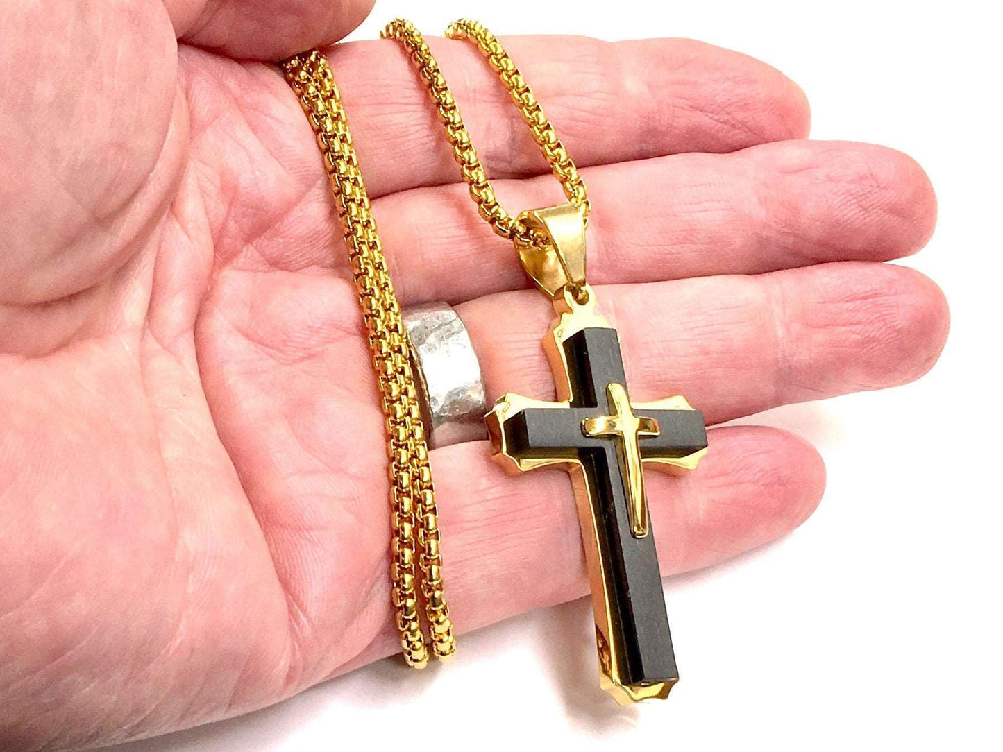 Gold Black Cross Necklace Thick Chain for men Old World orthodox crucifix crucifix 2 Color Thick Chain 3 Layer Jesus Jewelry Jewellery