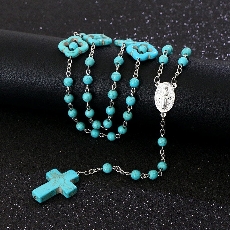 Rosary Natural Stone Crucifix Necklace Catholic 5 Decade Turquoise Prayer Beads Virgin Mary Pendant Orthodox Catholic Cross Round Beaded
