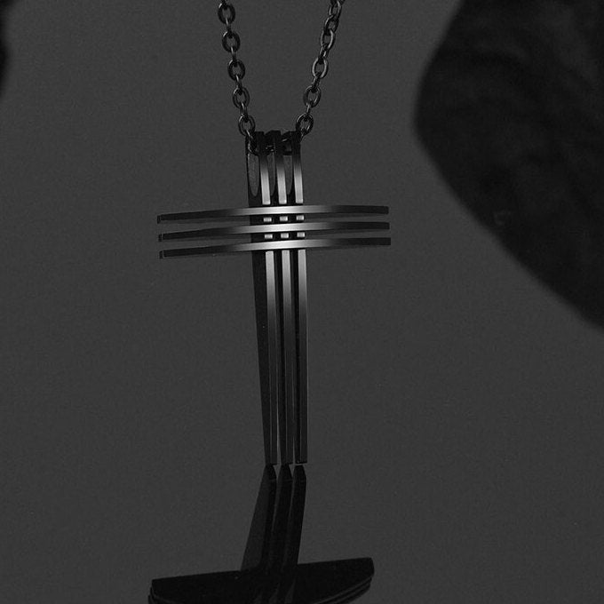 All Black 3 Bar cross necklace waterproof triple layer light weight stainless steel chain
