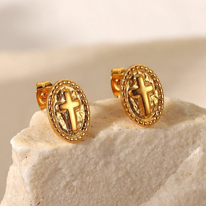 Dainty Oval Cross Stud Earrings Hypoallergenic Waterproof Stainless Steel Gold for Girls Women Stud Earrings Wedding Bridesmaid Gift