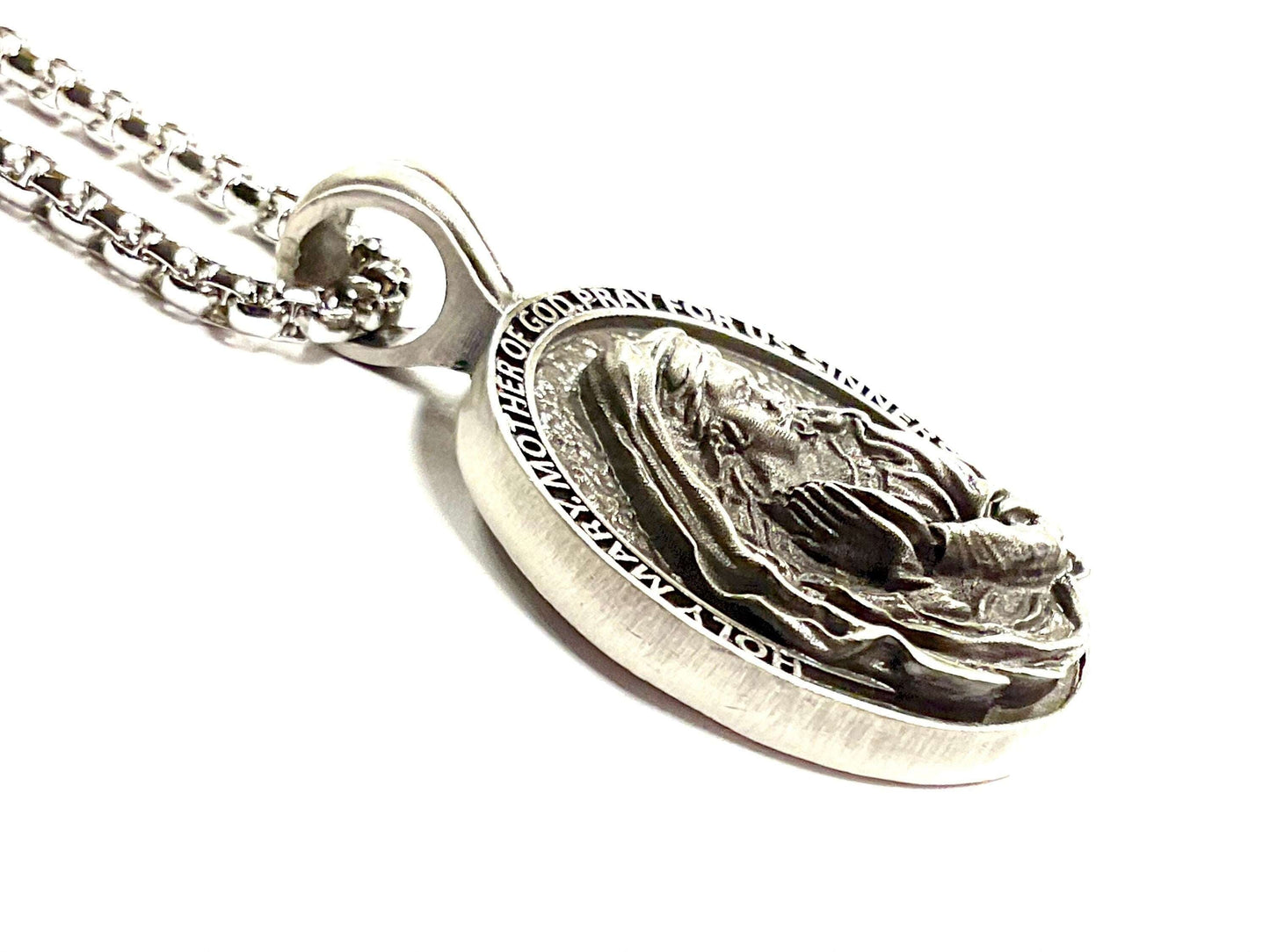 Gorgeous Mary Madonna Necklace Full Facial Profile Catholic Holy Mary Mother of God Pray for Us Sinners All Tin Antiqued Waterproof Orthodox