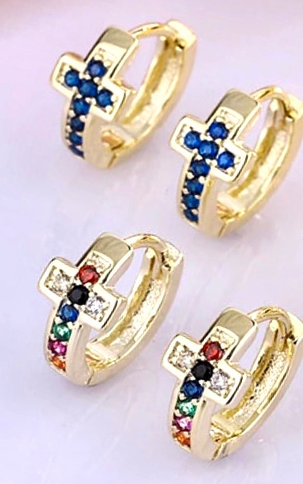 Tiny Cuff Cross Earrings Gold Silver Sapphire Rainbow Colored CZ Blue Small Hinged Design Classic Alluringly Girls Jewelry for Women